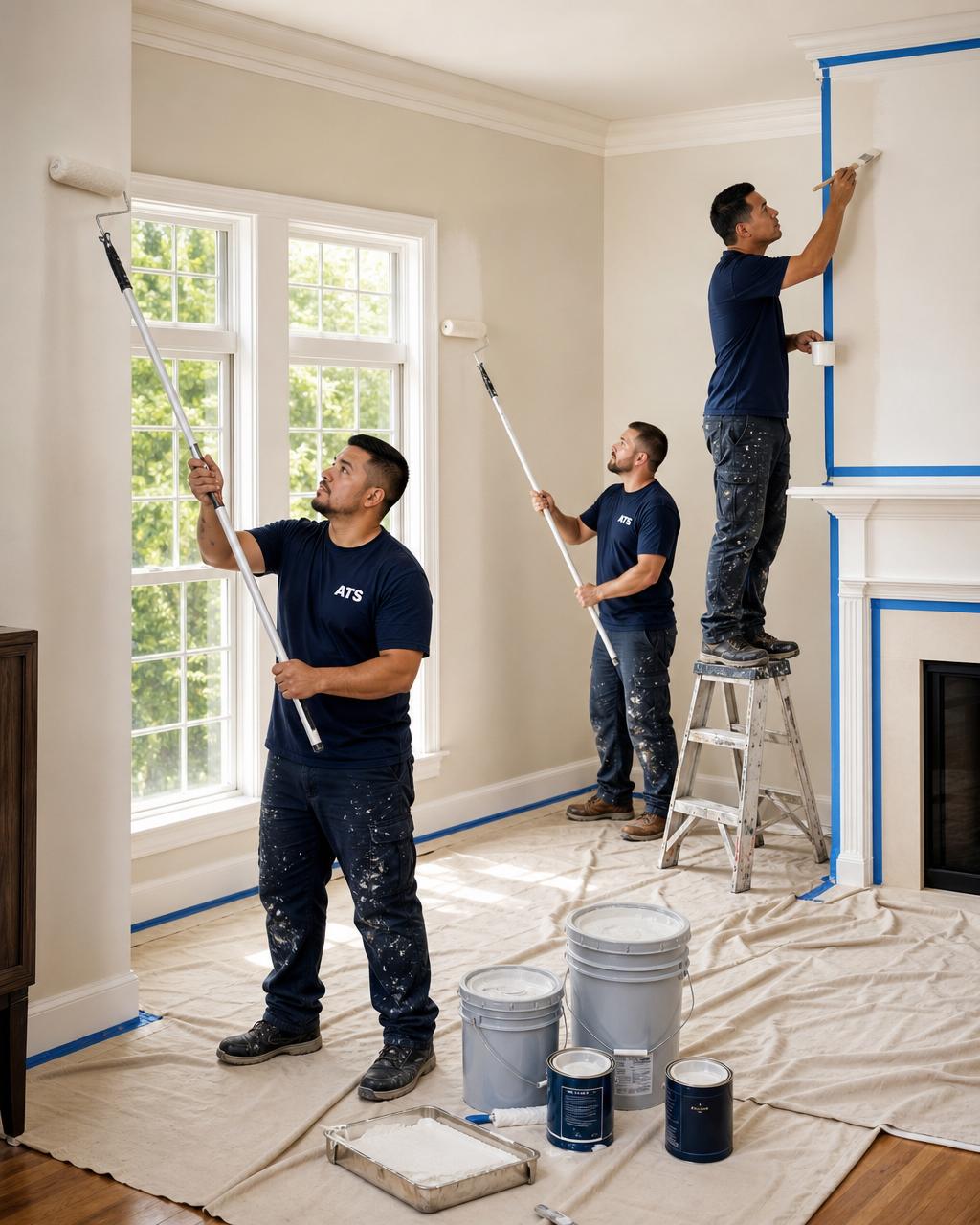 Alliance Trio Solutions painting crew in matching navy ATS uniforms working together to repaint a bright residential interior. Rollers on the walls, brush cutting-in trim on a ladder, drop cloths and 5-gallon buckets on the floor